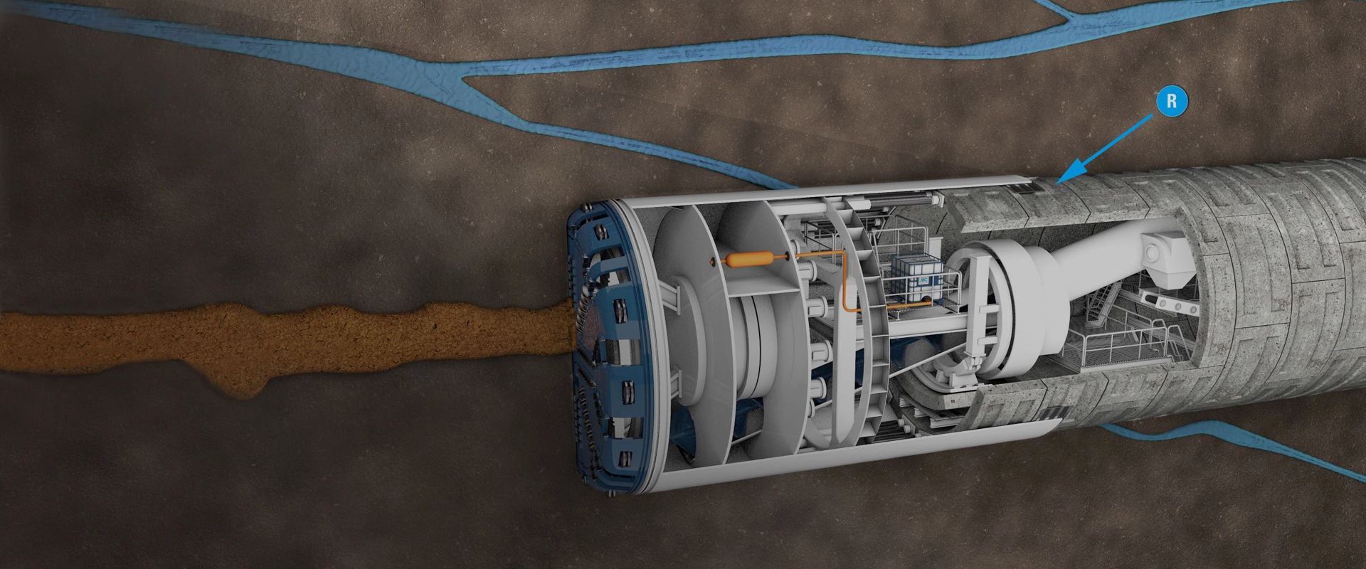 Dwarsdoorsnede van een tunnelboormachine: de activator wordt toegevoegd en de ringspleetmortel ingebracht (R, zie markering).
